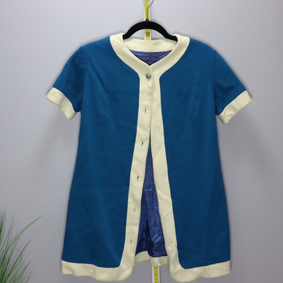Vintage 1960s Mod Blue & Cream Knit Sweater Jacket Short Sleeve M - Picture 1 of 4